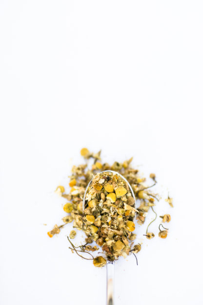 An overflowing spoonfull of chamomile florets on a white background