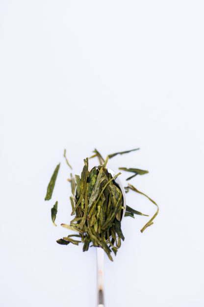 Flattened green tea leaves ranging from dark green to light green-yellow spill over the silver spoon onto the white background