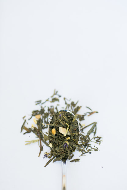 Flat dried green tea leaves are blended with jasmine flowers and orange pieces of dried mango displayed on a silver spoon overflowing onto a pure white background