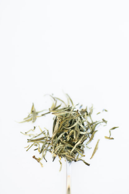 Dark blue lavender florets dot a spoonful of light green and white tea needles on a white background