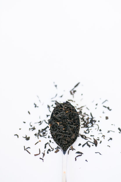 Dark brown black tea leaves overflow the silver spoon onto the white background