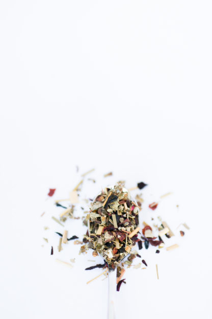 Fluffy green raspberry leaf, red rose hips, light yellow lemon grass and hibiscus flower petals overflow the silver spoon onto a white background