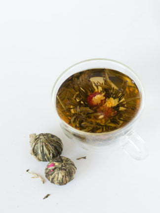 Hand formed balls of green and white tea leaves shaped around bright red amaranth flowers at the base of suspended jasmine flowers unfold in a tea cup on white background