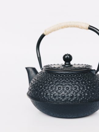 Black cast iron rounded teapot with rosette stippled pattern on surface, short curved spout and heavy duty cast iron arching handle wrapped with tan cord on white background