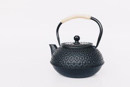 Black cast iron rounded teapot with rosette stippled pattern on surface, short curved spout and heavy duty cast iron arching handle wrapped with tan cord on white background