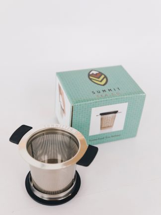 Stainless steel loose leaf tea infuser with black silicon support wings and lid/saucer with teal gift box on white background