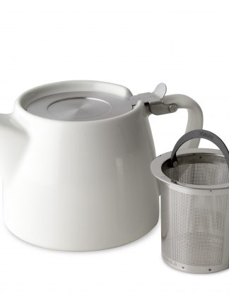 Pure white cylindrical teapot with short curved spout and squared handle, stainless steel lid with squared handle, and stainless steel infuser basket with rounded handle on white background