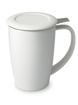 Pure white ceramic tea mug with curved handle and flat ceramic lid with stainless steel steeping basket handle extended out over the handle on a white background