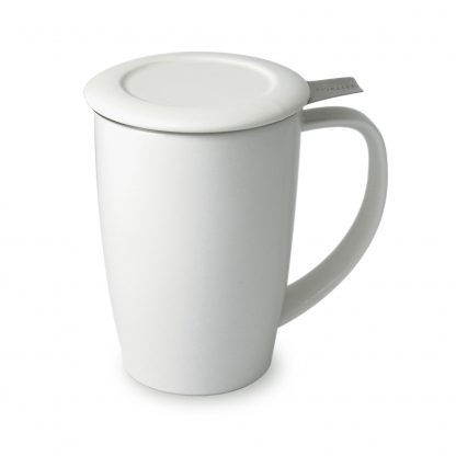 Pure white ceramic tea mug with curved handle and flat ceramic lid with stainless steel steeping basket handle extended out over the handle on a white background