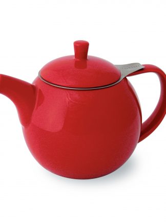Bright red round teapot with curved spout and handle, lid with post handle, and stainless steel infuser basket with handle extending outside the lid on white background