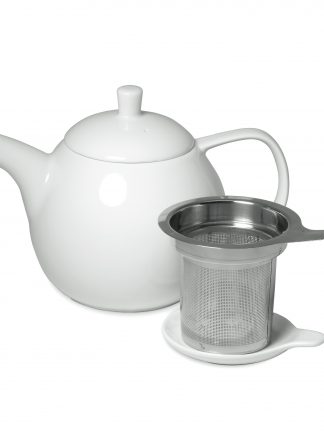 Pure white round teapot with curved spout and handle, lid with post handle, and stainless steel infuser basket with handle and saucer lid on white background