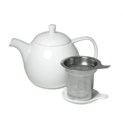 Pure white round teapot with curved spout and handle, lid with post handle, and stainless steel infuser basket with handle and saucer lid on white background