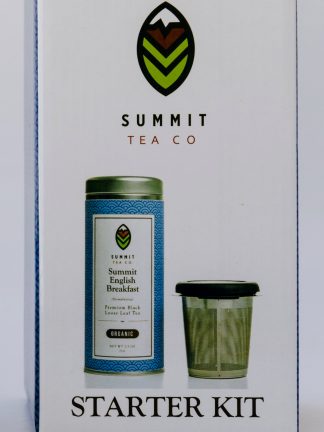 Tall white gift box with Summit Tea's logo at the top and photos of Summit English Breakfast tea in a tin with a stainless steel infuser with insulating wings and lid/saucer on white background