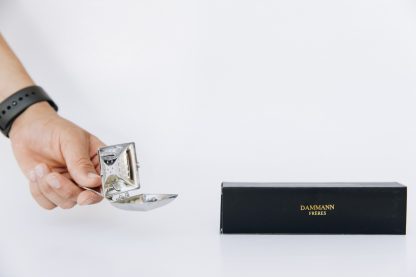 Rectangular silver tea steeping spoon with hinged lid and curved handle in black gift box displayed on a white background